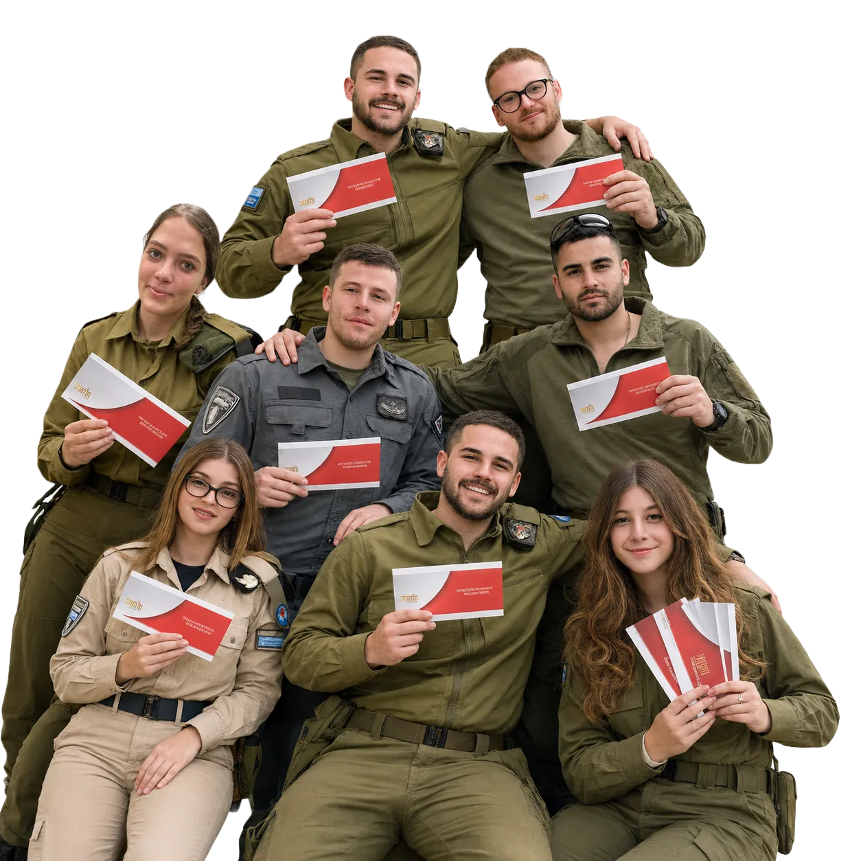 חיילות וחיילים מחזיקים כרטיסי תרומה של עמותת אהבת השמחה